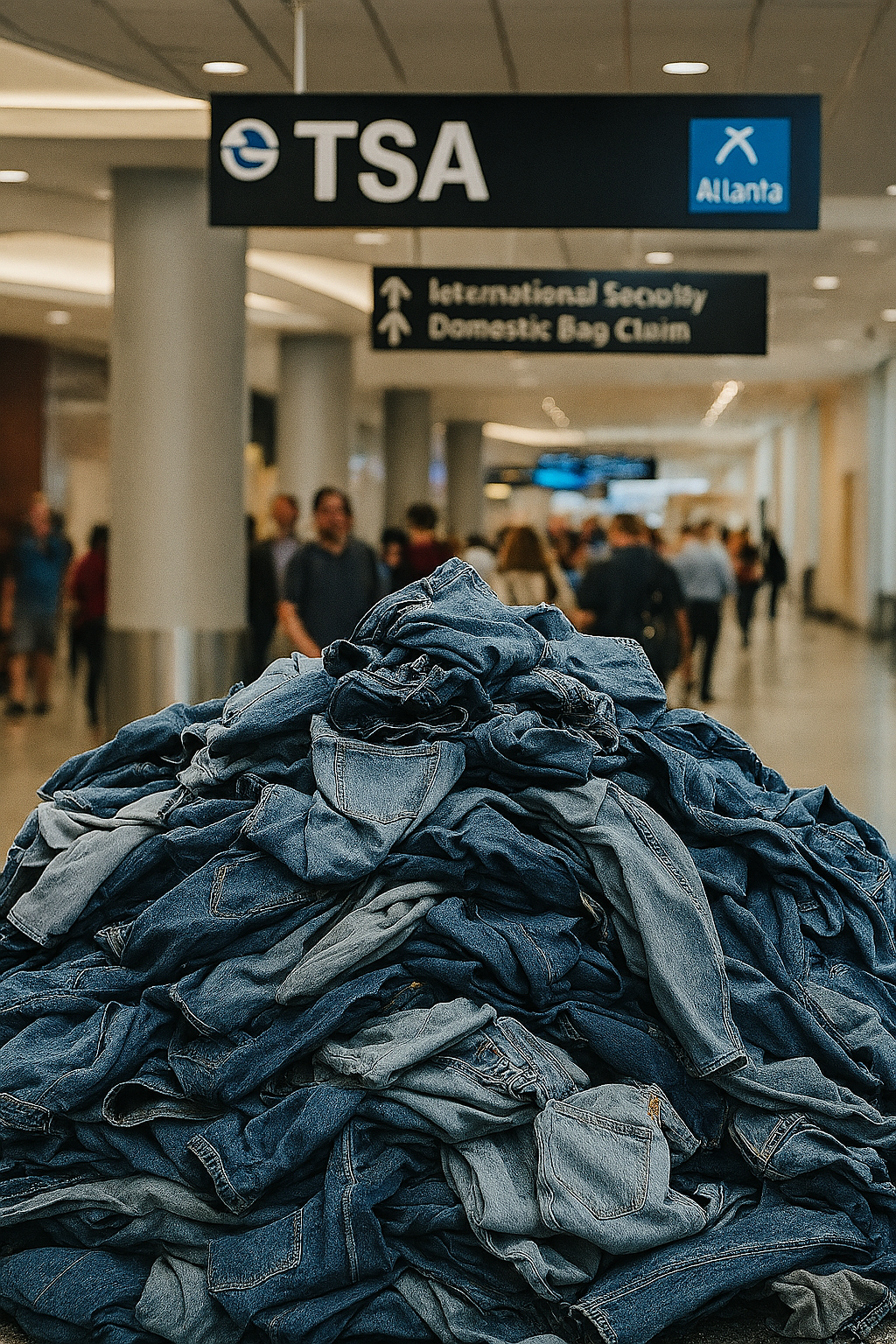 Pile of confiscated blue jeans at airport security